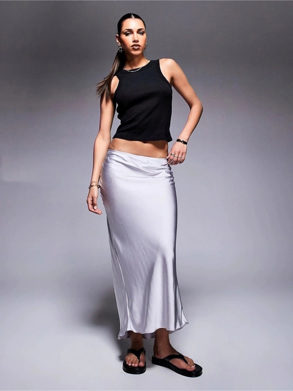RIVER ISLAND Satin Bias Maxi Split double slit Skirt in Silver Satin Style US 2